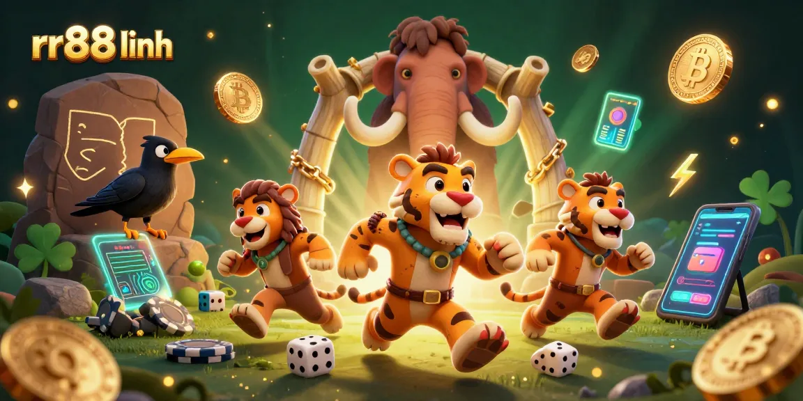 Experience the lively rr88 linh casino scene featuring a unique caveman duo and clever crow amidst glowing crypto coins.