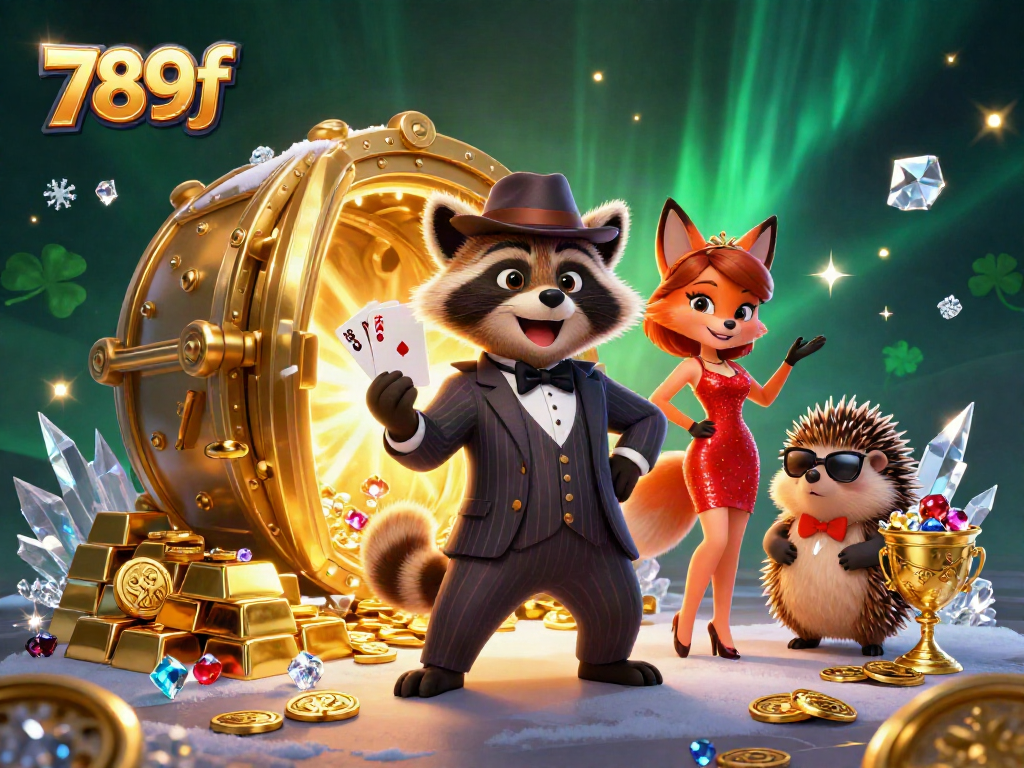 Engage with thrilling 789f casino gameplay featuring a raccoon dealer showing a royal flush hand.