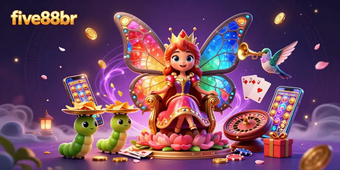 Experience five88br slots with a vibrant butterfly queen illustration featuring exciting casino elements.