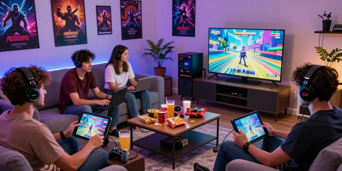 Group of adults enjoying ero games together in an inviting living room filled with gaming gear.