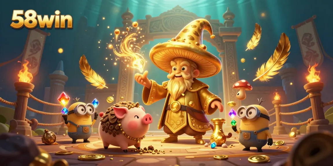 Experience thrilling 58win gaming with vibrant characters and gold magic in this casino illustration.