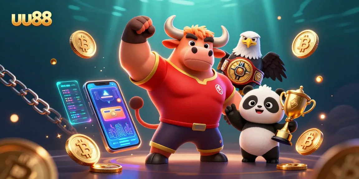 Engage with the vibrant uu88 casino experience featuring a victorious bull, eagle, and panda amidst dynamic gaming elements.