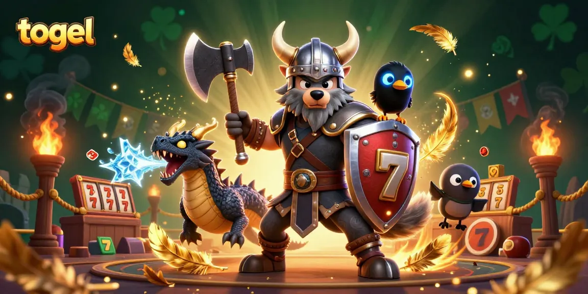 Togel game action featuring a Viking wolf warrior, fierce dragon, and cartoon raven in a dynamic 3D scene
