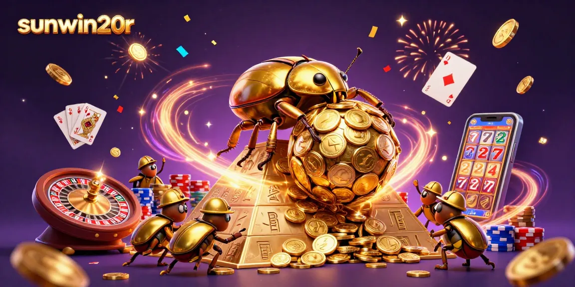 Engage in the vibrant world of sunwin20r as golden beetles celebrate gaming riches amidst cascading coins.