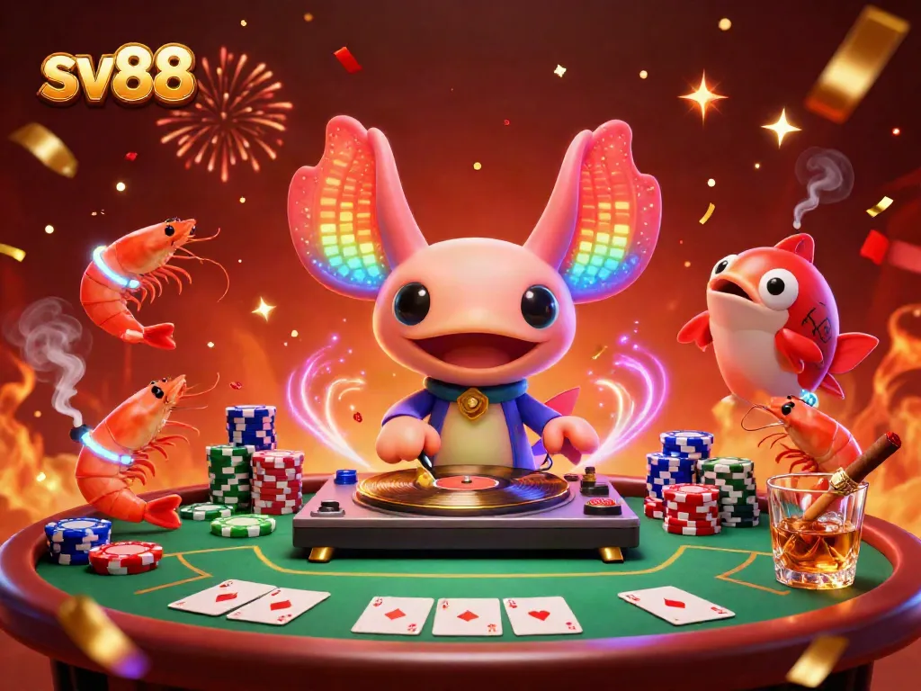 Experience exciting gaming action at sv88 with neon-colored characters dancing around vibrant poker elements.