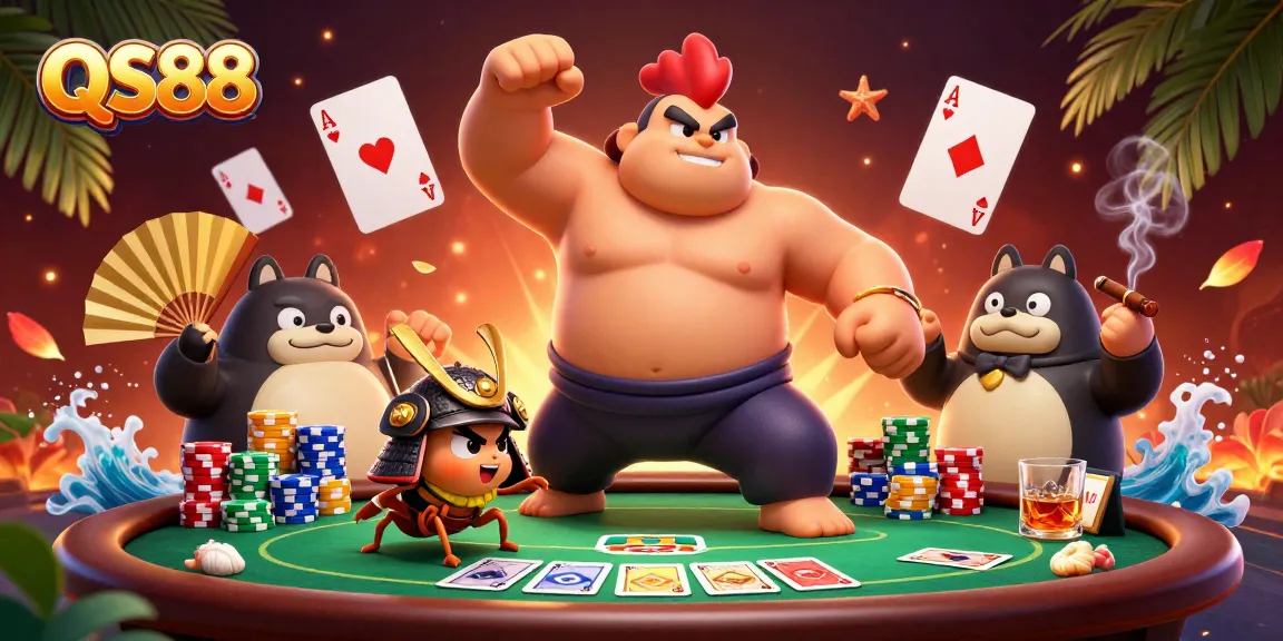 Experience thrilling poker action at QS88 featuring dynamic characters and vibrant casino elements.