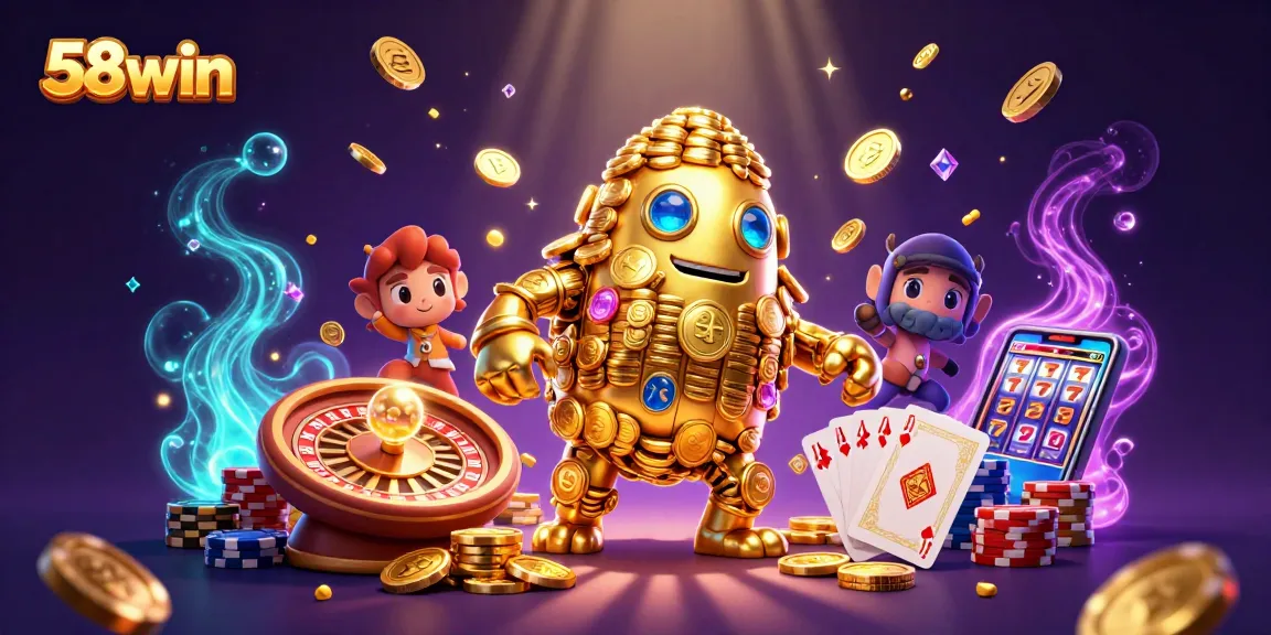 Experience 58win in vibrant 3D with a golden golem, spinning roulette, and colorful poker chips.
