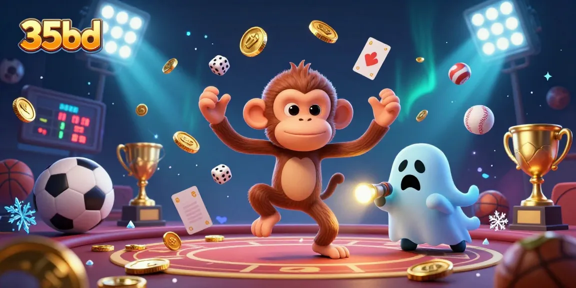 Engage with 35bd's immersive casino experience as a playful ghost-hunter puppy tracks a juggling poltergeist in a vibrant casino scene.