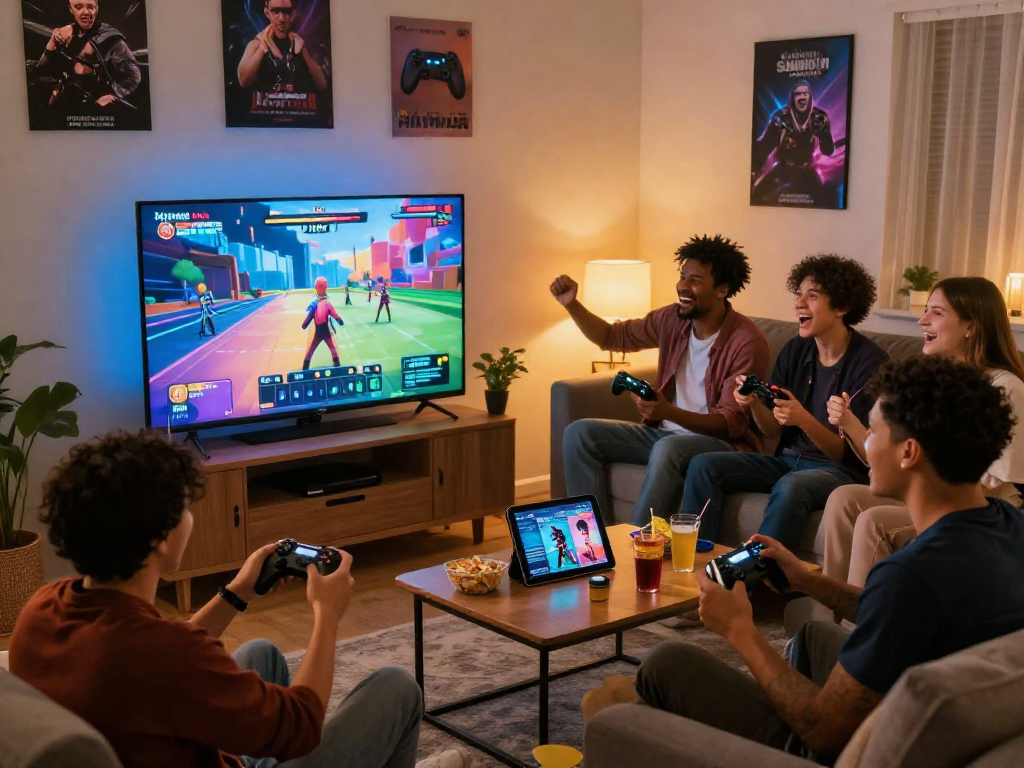 Group enjoying an HTML porn game in a cozy living room setting.