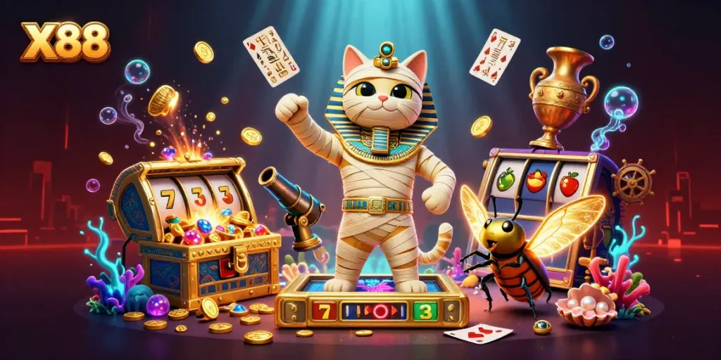X88 offers an energetic casino experience with a cartoon mummy cat and glowing hieroglyph cards.