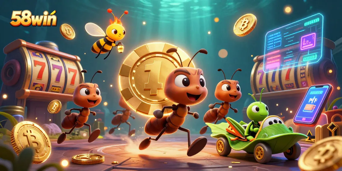 Experience casino excitement with 58win as ants carry a giant poker chip in a vibrant heist-themed scene.