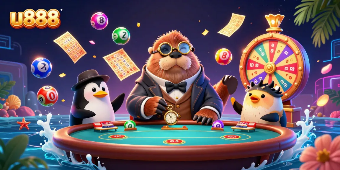 Experience the excitement of u888 with a jolly walrus at an underwater poker game amidst colorful lottery elements.