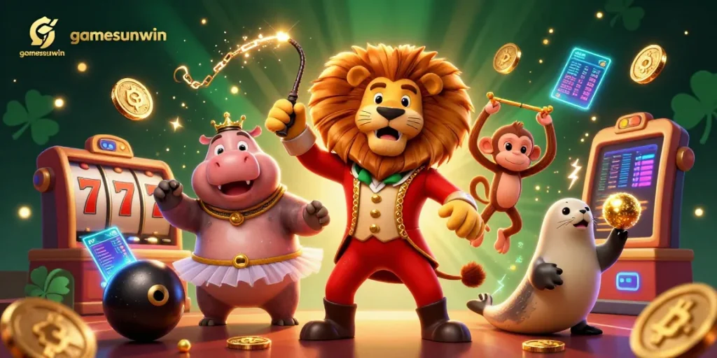 Experience gamesunwin with animated circus characters amidst slot reels and crypto coins.