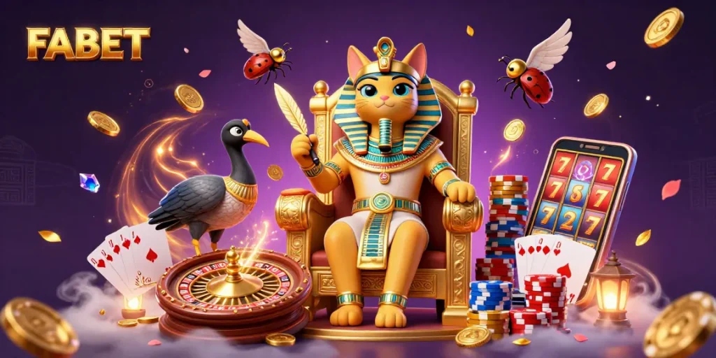 Experience the excitement of FABET with a dynamic casino scene featuring a pharaoh cat and gold treasures.