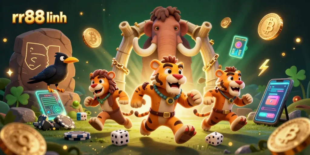 Experience the lively rr88 linh casino scene featuring a unique caveman duo and clever crow amidst glowing crypto coins.