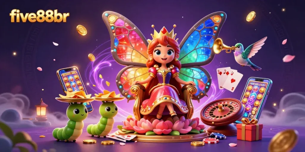Experience five88br slots with a vibrant butterfly queen illustration featuring exciting casino elements.