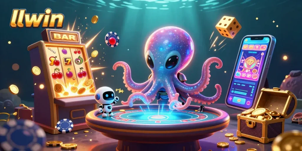 Experience thrilling gaming with llwin's colorful casino adventures featuring an alien octopus and poker elements.
